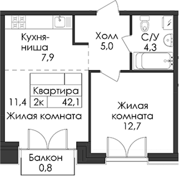 1-комнатная квартира 42.1 м², 5/9 эт., ЖК «Лермонтовский 54»